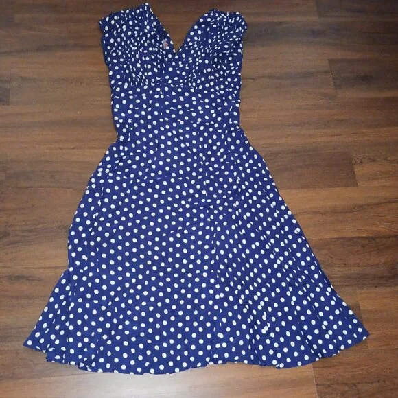 Trashy Diva 1940s Big Polka Dot Blue White GUC Dress SZ 10 Summer Vintage - Picture 2 of 6